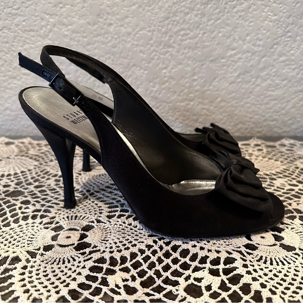 Stuart Weitzman Black Bow Open Toe Slingback Pumps - image 7